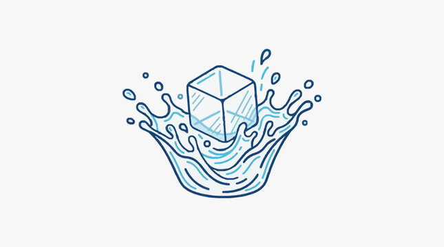 Ice cube splashing into water illustration.
