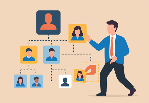 Reorganization or reorg to adjust, allocate resources, change team structure for efficiency, restructure organization, department and job roles concept, businessman ceo reorganize employee role chart