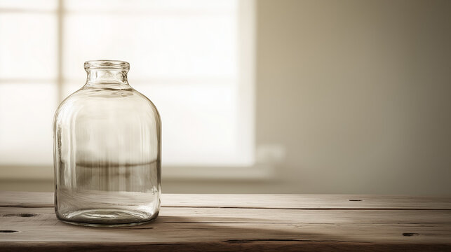 demijohn. Large glass carboy on rustic wood table, home brewing storage concept. bar promotions, beverage menus, designed for food & beverage menus and cafe branding.