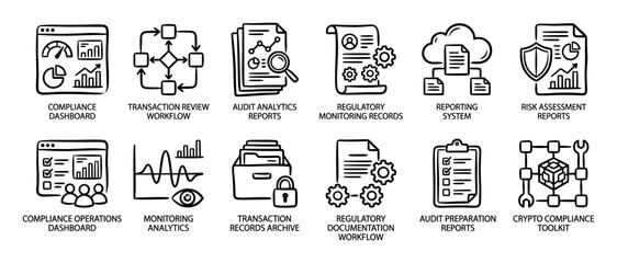 Fototapeta premium Hand drawn compliance and regulatory icon set featuring doodle style illustrations of audit analytics, risk assessment reports, and transaction workflow for business process management