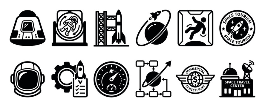 Collection of black space tourism icons representing commercial spaceflight, astronaut training, and cosmic exploration in a simple glyph style for graphic design elements