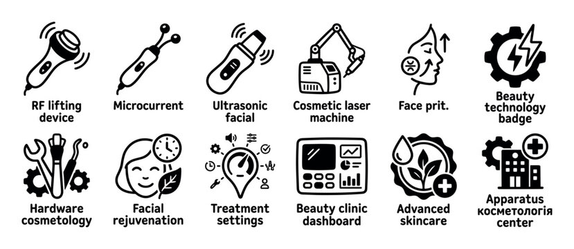 Hardware cosmetology and beauty technology icon set with RF lifting, microcurrent, laser, and ultrasonic facial treatment devices for advanced skincare clinics
