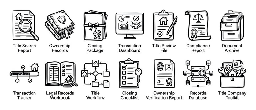 Hand-drawn real estate title and closing icons representing ownership records, transaction dashboards, legal compliance, and document archives in a simple black line art doodle style