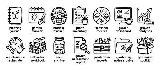 Fototapeta premium Collection of hand-drawn gardening management icons in a simple black outline style illustrating concepts like planning, cultivation, harvest tracking, and agricultural analytics