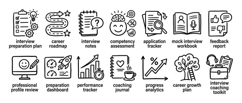 Set of hand-drawn line art icons for career coaching and interview preparation, featuring symbols for professional growth, performance tracking, competency assessment, and feedback
