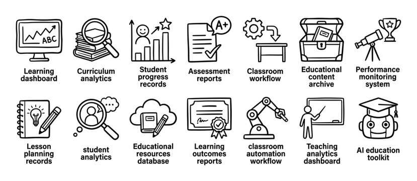 Hand-drawn education and learning technology icon set with various symbols for analytics, student progress, AI, and classroom automation in a simple black line art doodle style
