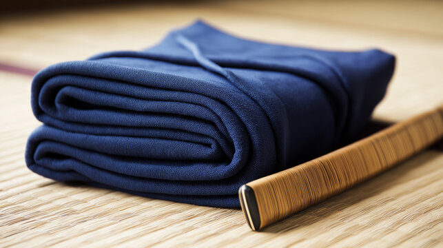 hakama. A neatly folded deep blue hakama and bamboo sword on tatami mat flooring. event programs, museum guides, designed for cultural heritage projects and event programs, supports education.