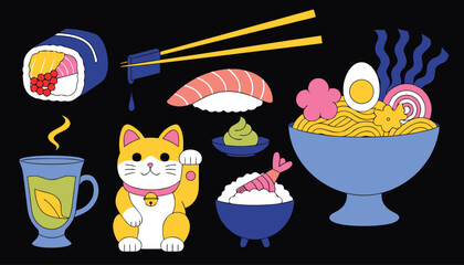 Japanese cuisine and culture vector illustration set with sushi and ramen. © Sadhin