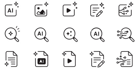 Fototapeta premium Generate AI icon set, artificial intelligence media buttons for image, video, audio and text, modern UI symbols for apps and websites on transparent background See Less 
