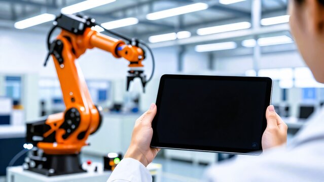 Right perspective-Hands holding tablet with blank screen debugging robotic arm in smart factory