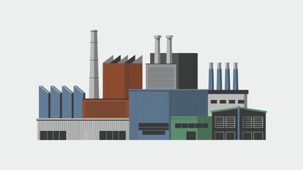 Naklejka premium Factory complex with a brown building, gray smokestacks, and blue structures presented in a clean, flat, minimalist aesthetic.