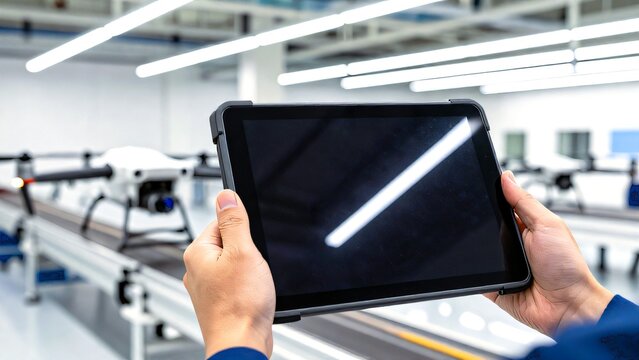 High-tech factory worker inspecting drone assembly with blank screen tablet