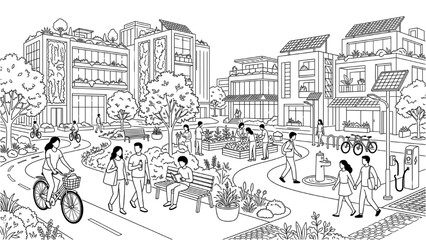 Obraz premium Climate-Adaptive Urban Lifestyle Concept with Faceless Human Figures, Sustainable Public Spaces and ESG Architecture in Modern Vector Illustration Style