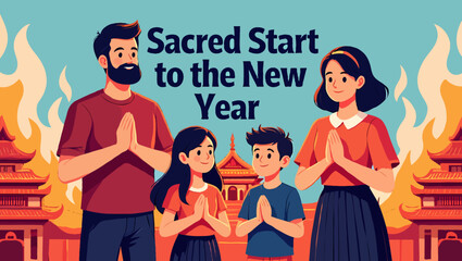 Obraz premium A family is celebrating the sacred start to the new year at the temple