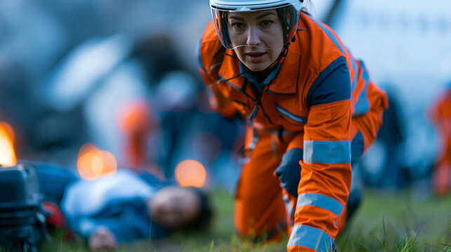 Faceless paramedic rushing to treat an injured female passenger lying on the grass beside luggage after an airplane crash, smoke and small flames rising near the wreckage during