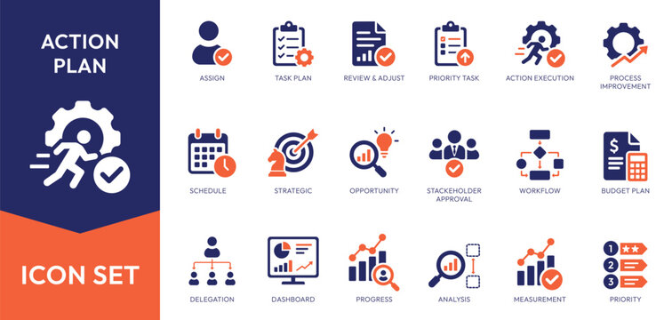 Set of action plan solid icon. Task plan, schedule, strategic, opportunity, analysis, dashboard, delegation, etc.
