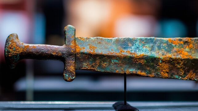 gladius. Ancient rust-pitted Roman gladius displayed on dark velvet, extreme close-up on the blade. event programs, museum guides, designed for cultural heritage projects and event programs.