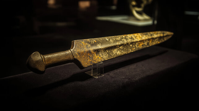 gladius. Ancient rust-pitted Roman gladius displayed on dark velvet, extreme close-up on the blade. event programs, museum guides, designed for cultural heritage projects and event programs.