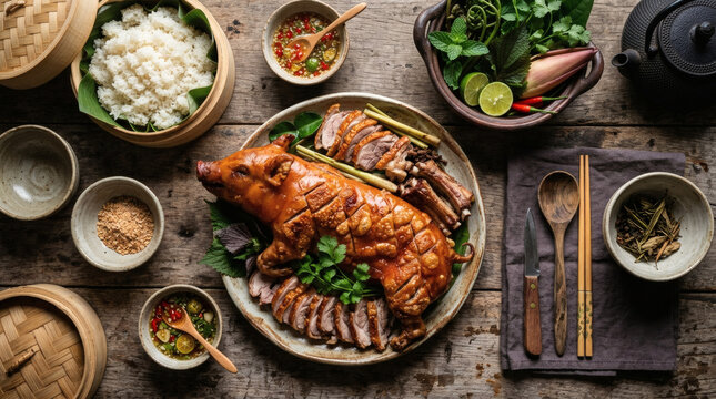 Lon Cap Nach Roasted Pork Feast on Rustic Wooden Table