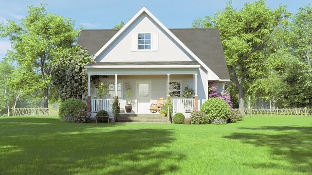 Cozy countryside house with a beautiful green lawn and trees