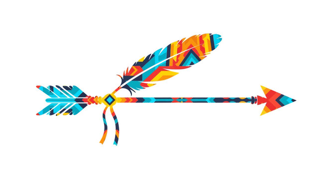 Vibrant tribal arrow illustration with colorful decorative feathers.