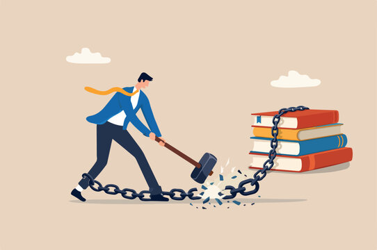 Break free or breaking bad habits or routines freedom, off debt, destroy shackle anxiety burden, escape and liberation concept, confidence businessman books use hammer to break heavy chain burden