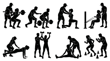 Obraz premium Fitness Silhouettes Collection Featuring Athletes Training with Weights Bench Press Squats and Lunges for Gym Motivation and Healthy Lifestyle Graphic Design. PNG FILE