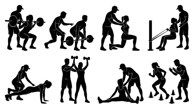 Fitness Silhouettes Collection Featuring Athletes Training with Weights Bench Press Squats and Lunges for Gym Motivation and Healthy Lifestyle Graphic Design. PNG FILE