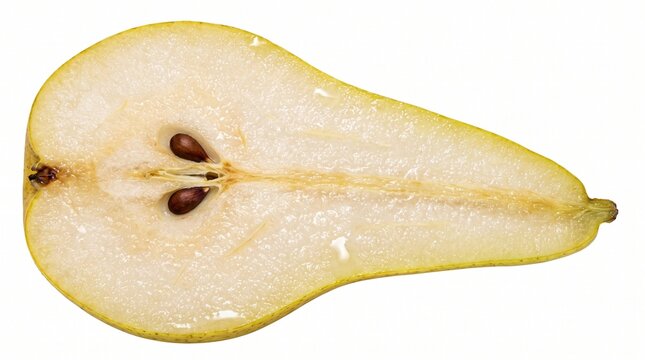 Sliced pear showing seeds inside.