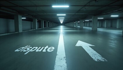 Obraz premium Concrete parking garage with floor markings and signs. One path shows dispute, another path has an arrow indicating direction. Choice and conflict symbolized in this empty urban space.