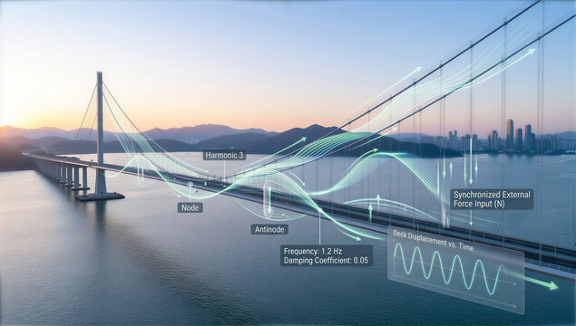 Engineering marvel visualizes structural harmonics and responsive force inputs at dusk