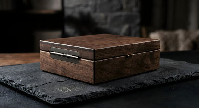 Premium dark wooden box on black stone surface for luxury packaging
