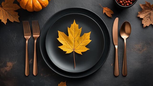 Elegant Autumn Table Setting with Black Plate and Maple Leaf
