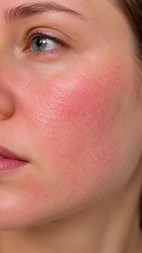 Close up of red irritated facial skin on woman cheek, dermatology, rosacea, allergy, skincare, medical care