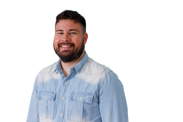 Fototapeta premium Happy bearded man smiling and looking at camera, wearing a denim shirt, with transparent background