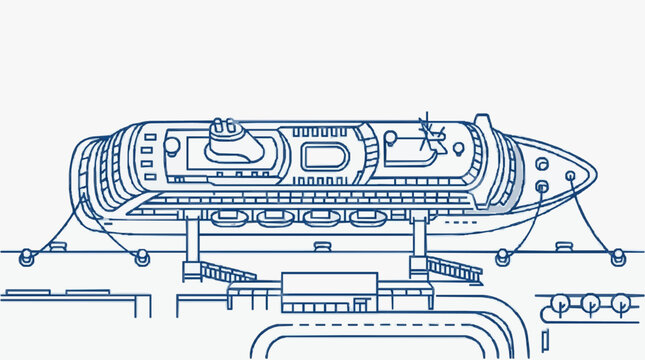 Detailed Blueprint Illustration of a Large Cruise Ship Docked.