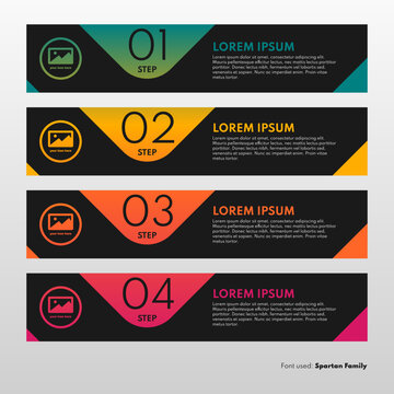 Business infographic timeline vector illustration with four steps and dark horizontal cards menu layout with colorful gradient inverted triangle tabs
