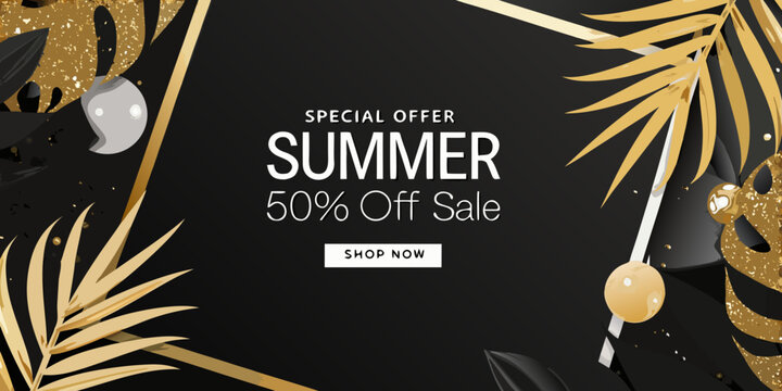 Tropical leaf and seashell vector illustration with gold accents on black