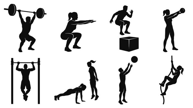 Comprehensive Fitness Exercise Silhouettes Set Featuring Athletes Performing Weightlifting Squats Box Jumps Kettlebell Swings Pullups Burpees and Rope Climbs. PNG FILE