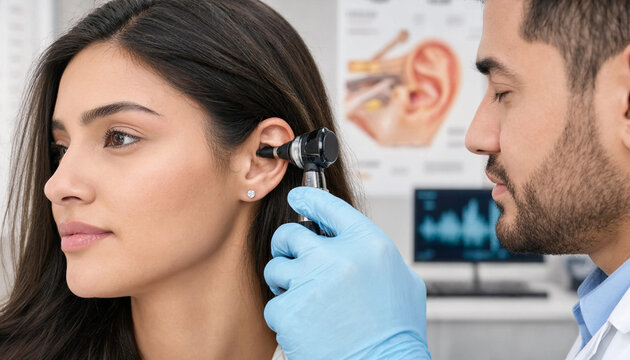 Doctor examining a womans ear with an otoscope in a medical office setting