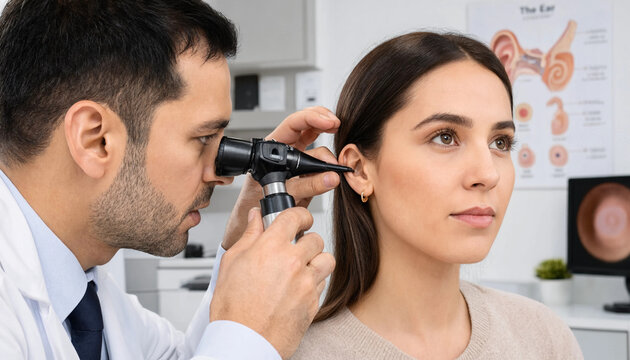 Doctor examining a womans ear with an otoscope in a medical office setting
