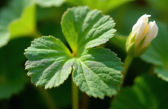 Close-up on textured green leaf with serrated edges. Small white flower bud unfurls beside plant. Lush foliage background suggests garden setting on sunny day.