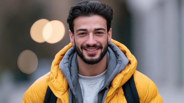 Smiling young man in yellow jacket and gray hoodie outdoors