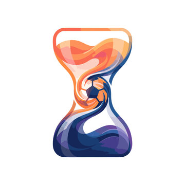 Abstract modern hourglass logo with a soccer ball and flowing colorful waves, representing time zones, space, and international sports unity.