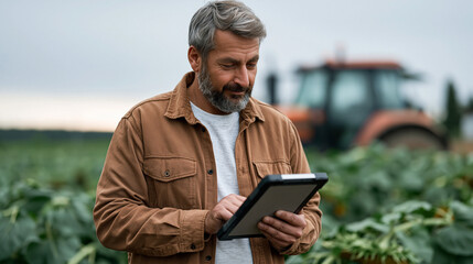 Fototapeta premium Farm insurance field assessor photographing hail-damaged crops with a ruggedized tablet under stormy skies, parametric damage thresholds displayed on the assessment app, a tractor partially visible 