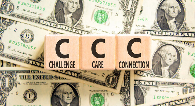 CCC challenge care connection symbol. Concept words CCC challenge care connection on beautiful blocks. Beautiful dollar bills background. Business CCC challenge care connection concept. Copy space.