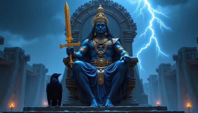 Hindu god Shani Dev sits on throne, holding golden sword. Dark blue deity with crown and jewelry amid storm and lightning. Raven sits nearby. Divine justice and karma.