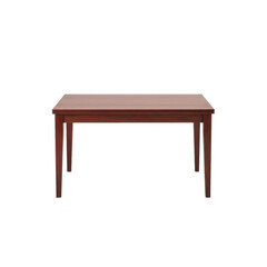 Fototapeta premium A handcrafted mahogany table with a rich, dark-reddish brown finish, subtle wood grain, tapered legs, and polished surface, isolated on a white background, minimalist luxury concept