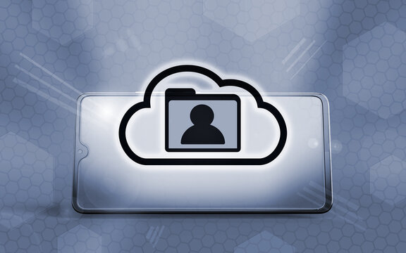 Smartphone 3D mostrando un icono de nube con una carpeta y un perfil de usuario, simbolizando el almacenamiento seguro de datos personales y la gesti&oacute;n de contactos en la nube digital.