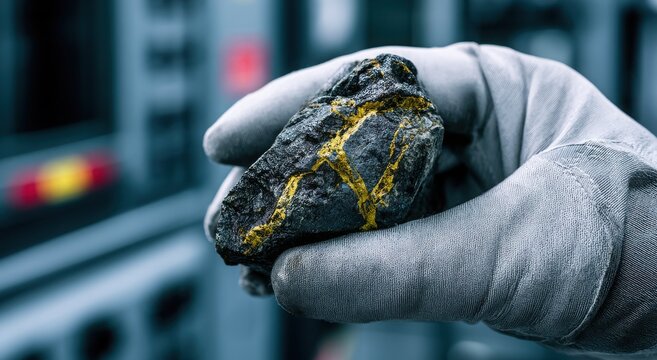 Gloved hand holding a gold ore sample with blurred industrial background